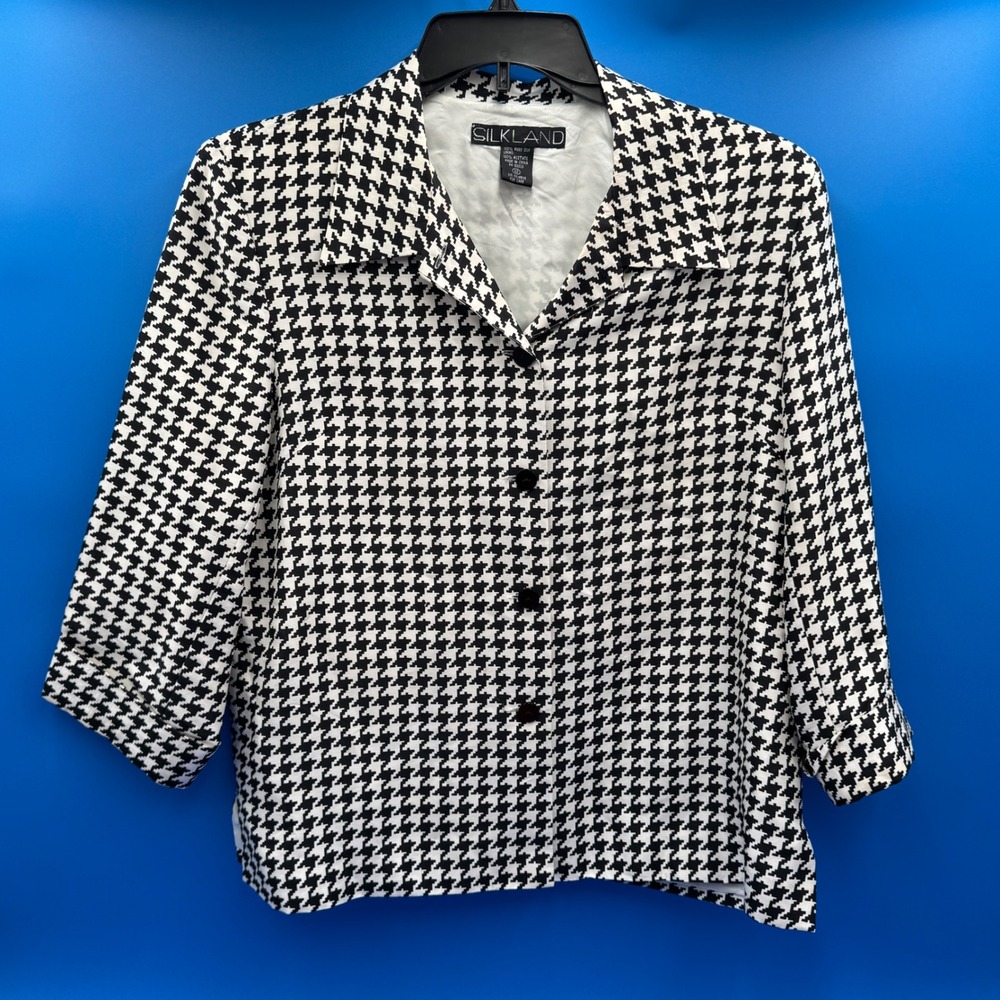 SILKLAND Houndstooth Blazer Jacket Women Size 12 Black White Silk Lining Acetate